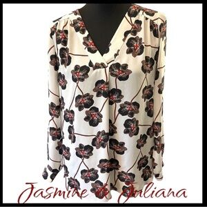 Jasmine & Juliana White/Black/Brown/Red Floral Print V Neck Blouse Top (M)